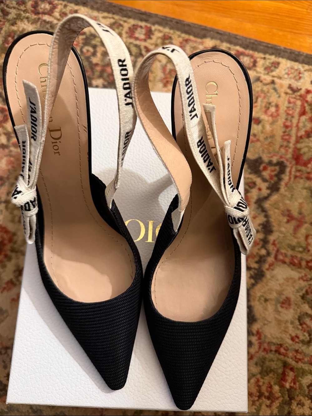 Dior Black Pointed-Toe Slingback Heels with White J'Adior Ribbon